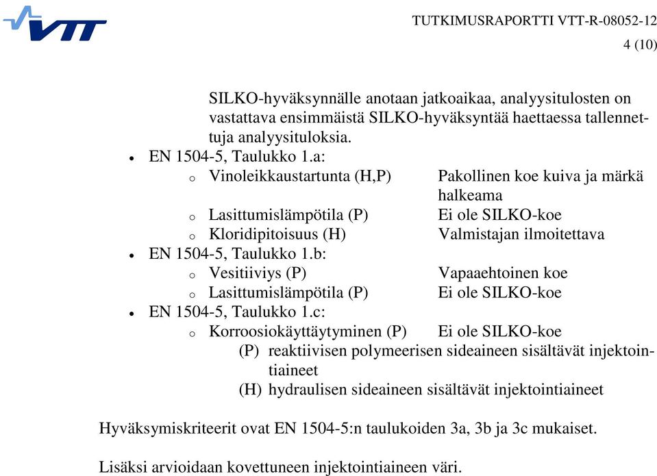 b: o Vesitiiviys (P) Vapaaehtoinen koe o Lasittumislämpötila (P) Ei ole SILKO-koe EN 1504-5, Taulukko 1.