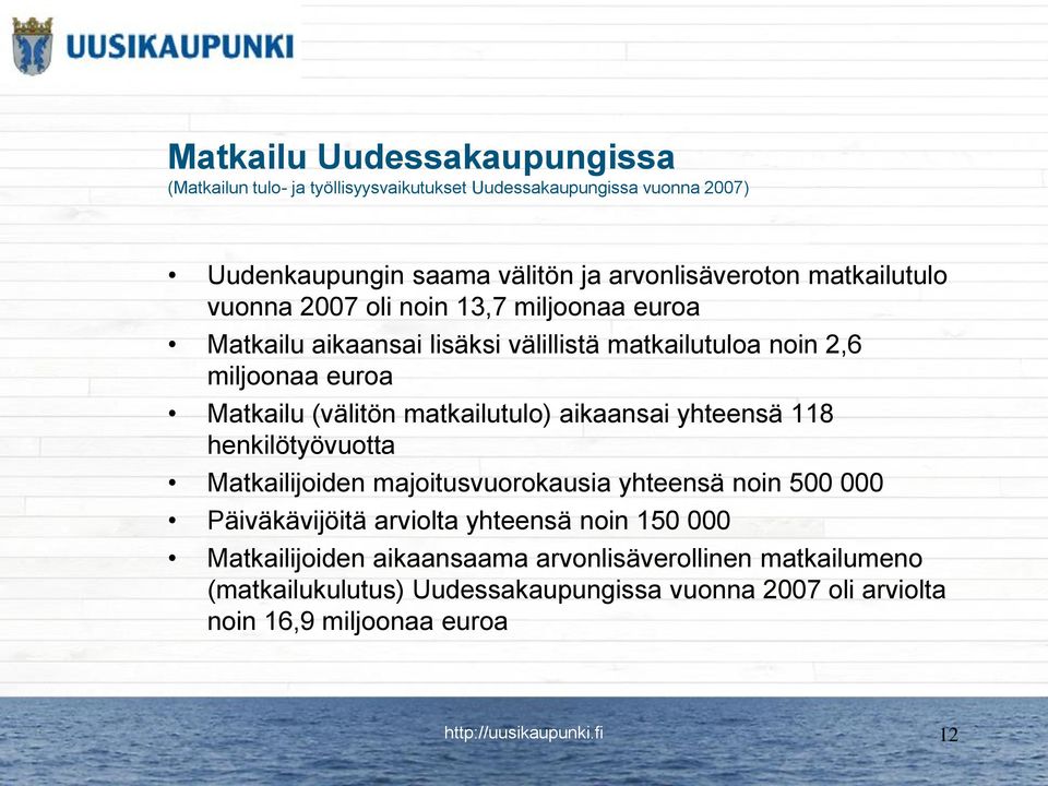 matkailutulo) aikaansai yhteensä 118 henkilötyövuotta Matkailijoiden majoitusvuorokausia yhteensä noin 500 000 Päiväkävijöitä arviolta yhteensä noin