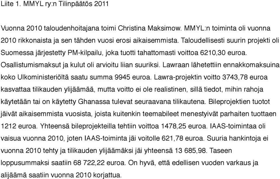 Lawraan lähetettiin ennakkomaksuina koko Ulkoministeriöltä saatu summa 9945 euroa.