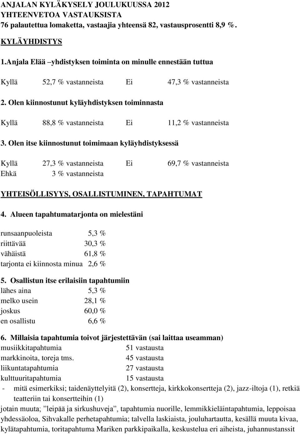 Olen kiinnostunut kyläyhdistyksen toiminnasta Kyllä 88,8 % vastanneista Ei 11,2 % vastanneista 3.