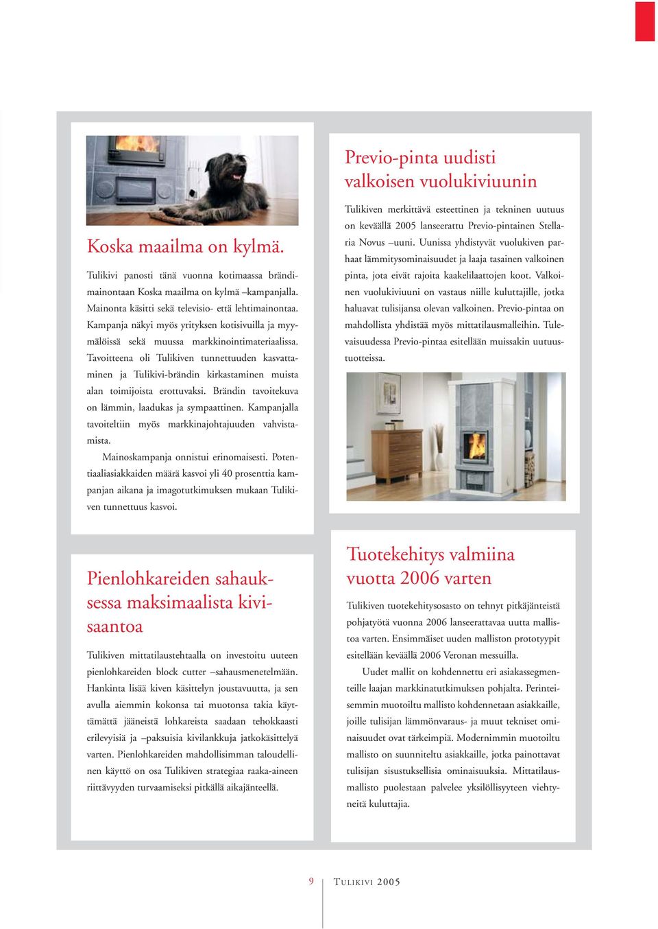 Tavoitteena oli Tulikiven tunnettuuden kasvattaminen ja Tulikivi-brändin kirkastaminen muista alan toimijoista erottuvaksi. Brändin tavoitekuva on lämmin, laadukas ja sympaattinen.