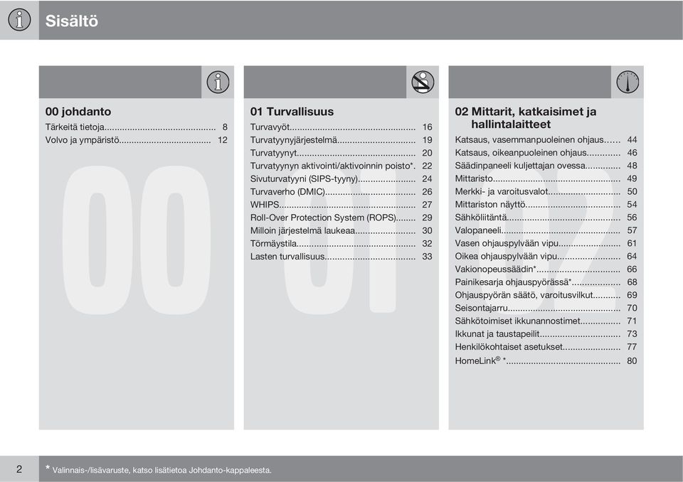 .. 48 Sivuturvatyyni (SIPS-tyyny)... 24 Mittaristo... 49 Turvaverho (DMIC)... 26 Merkki- ja varoitusvalot... 50 WHIPS... 27 Mittariston näyttö... 54 Roll-Over Protection System (ROPS).