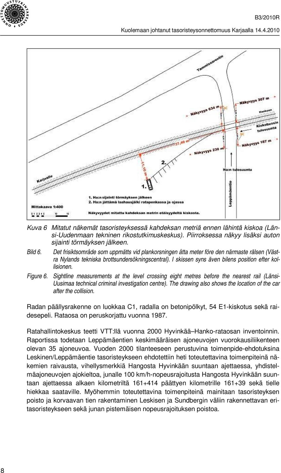 Figure 6. Sightline measurements at the level crossing eight metres before the nearest rail (Länsi- Uusimaa technical criminal investigation centre).
