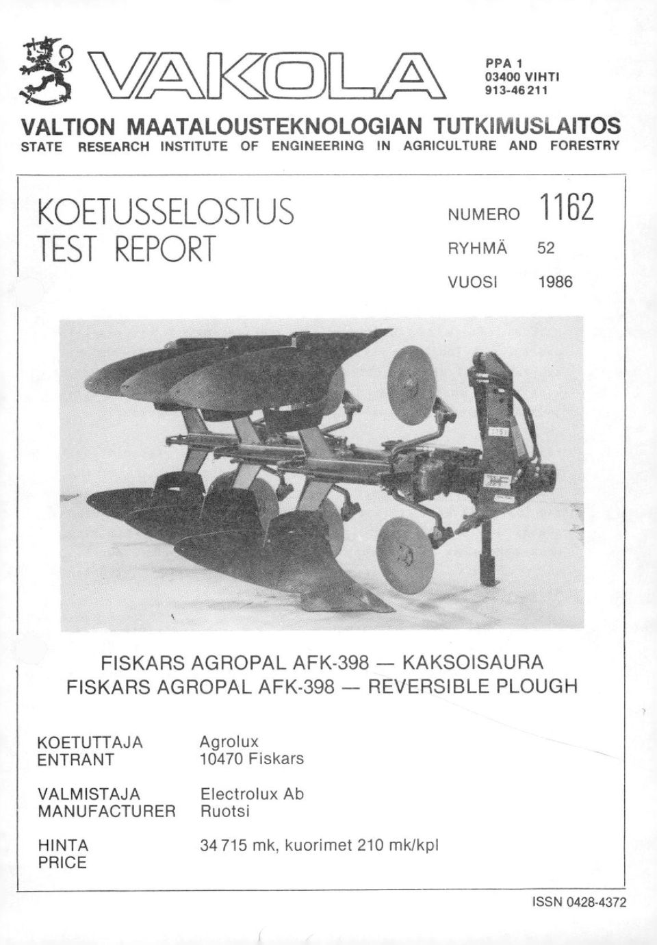 AGROPAL AFK-398 - KAKSOISAURA FISKARS AGROPAL AFK-398 - REVERSIBLE PLOUGH KOETUTTAJA ENTRANT Agrolux 10470