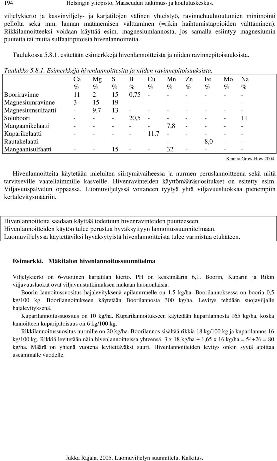 magnesiumlannosta, jos samalla esiintyy magnesiumin puutetta tai muita sulfaattipitoisia hivenlannoitteita. Taulukossa 5.8.1. esitetään esimerkkejä hivenlannoitteista ja niiden ravinnepitoisuuksista.