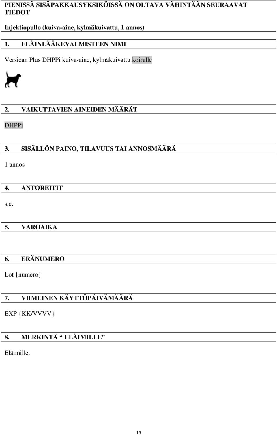 ELÄINLÄÄKEVALMISTEEN NIMI Versican Plus DHPPi kuiva-aine, kylmäkuivattu koiralle 2.