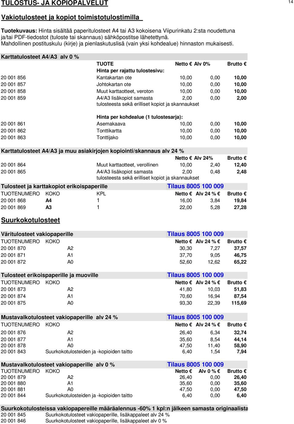 Karttatulosteet A4/A3 alv 0 % TUOTE Netto Alv 0% Brutto Hinta per rajattu tulostesivu: 20 001 856 Kantakartan ote 10,00 0,00 10,00 20 001 857 Johtokartan ote 10,00 0,00 10,00 20 001 858 Muut