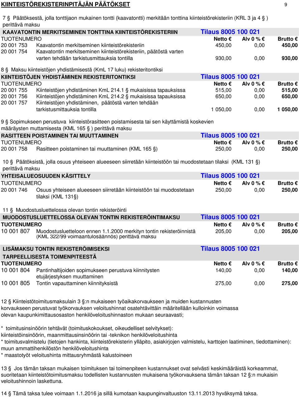 varten varten tehdään tarkistusmittauksia tontilla 930,00 0,00 930,00 8 Maksu kiinteistöjen yhdistämisestä (KmL 17 luku) rekisteritontiksi KIINTEISTÖJEN YHDISTÄMINEN REKISTERITONTIKSI Tilaus 8005 100