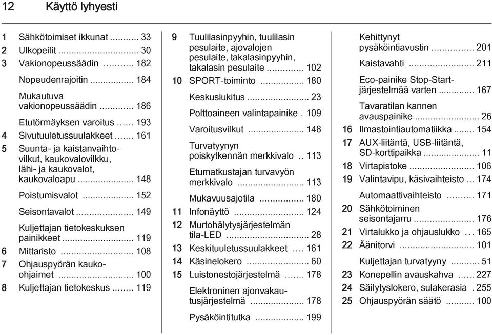 .. 149 Kuljettajan tietokeskuksen painikkeet... 119 6 Mittaristo... 108 7 Ohjauspyörän kaukoohjaimet... 100 8 Kuljettajan tietokeskus.