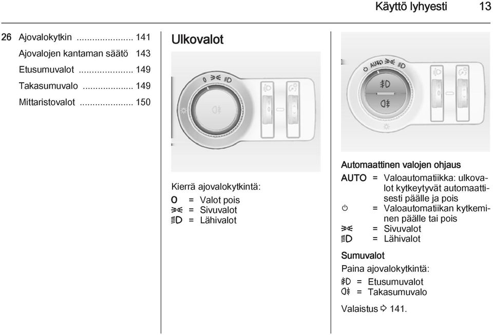 .. 150 Ulkovalot Kierrä ajovalokytkintä: 7 = Valot pois 8 = Sivuvalot 9 = Lähivalot Automaattinen valojen ohjaus AUTO =