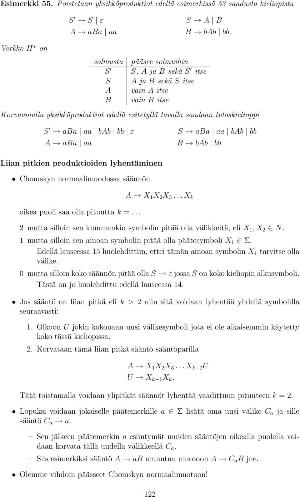 bab bb ε A aba aa S aba aa bab bb B bab bb. Liian pitkien produktioiden lyhentäminen Chomskyn normaalimuodossa säännön oikea puoli saa olla pituutta k =... A X 1 X 2 X 3.