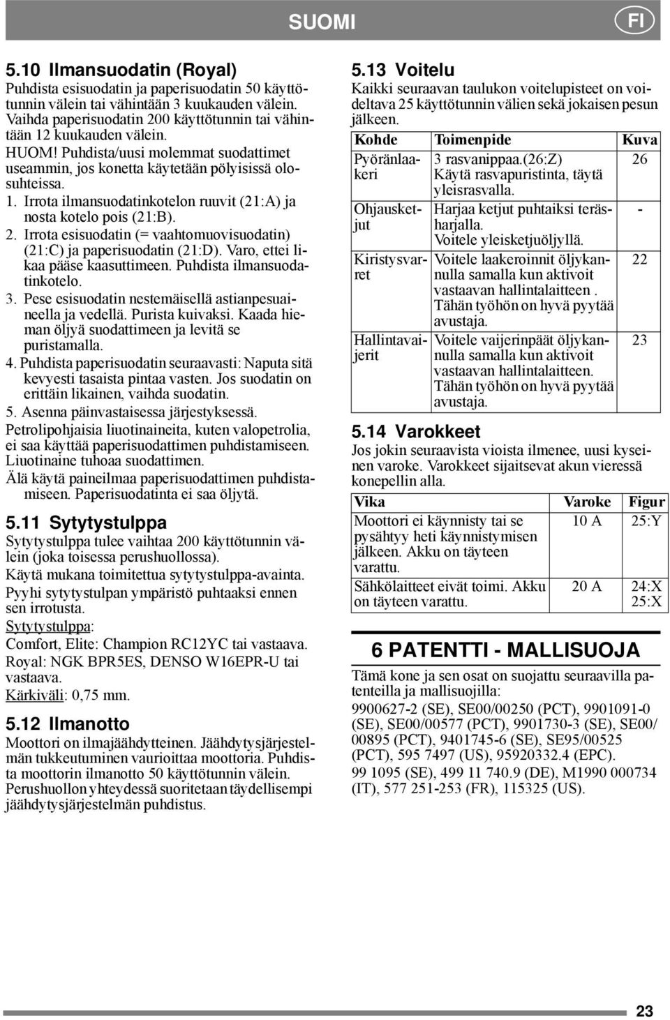 2. Irrota esisuodatin (= vaahtomuovisuodatin) (21:C) ja paperisuodatin (21:D). Varo, ettei likaa pääse kaasuttimeen. Puhdista ilmansuodatinkotelo. 3.