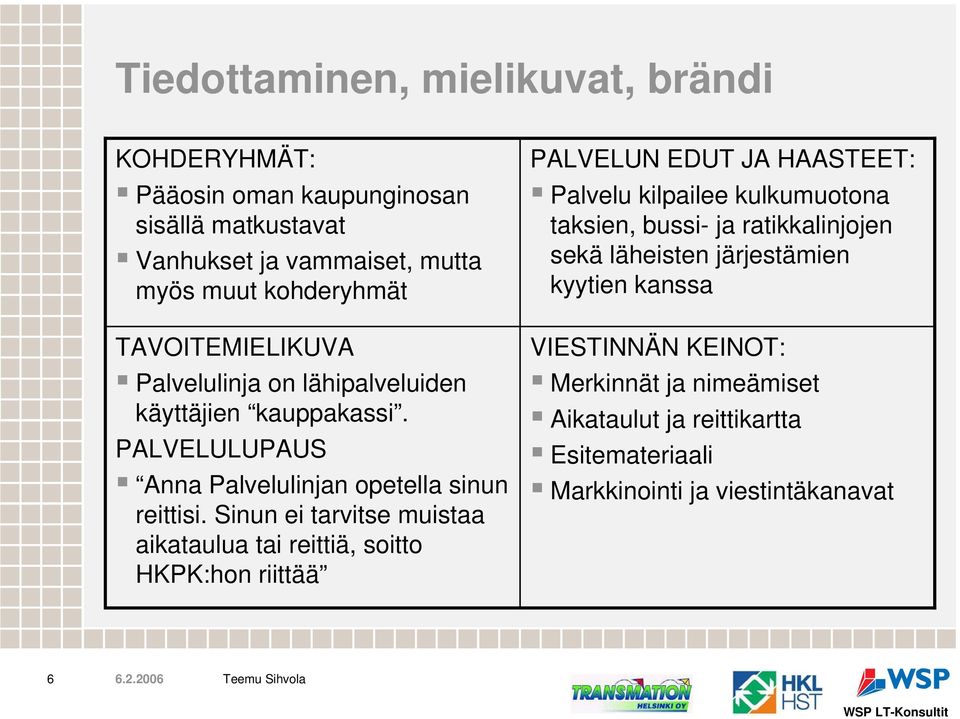 Sinun ei tarvitse muistaa aikataulua tai reittiä, soitto HKPK:hon riittää PALVELUN EDUT JA HAASTEET: Palvelu kilpailee kulkumuotona taksien, bussi- ja