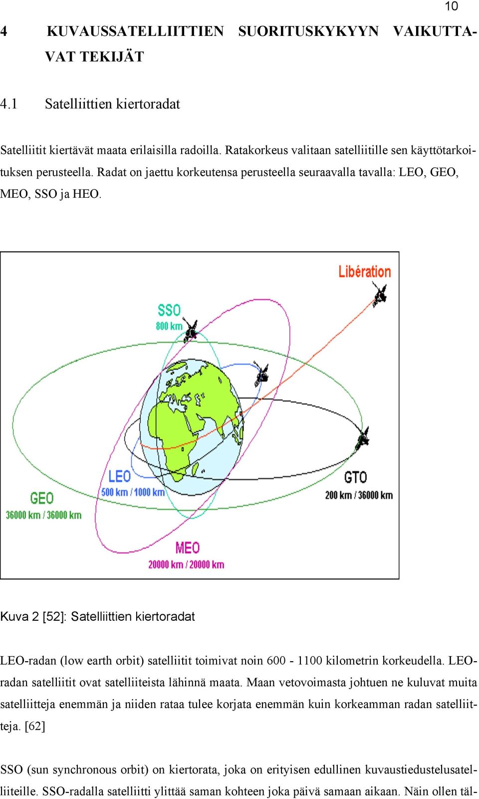 Kuva 2 [52]: Satelliittien kiertoradat LEO-radan (low earth orbit) satelliitit toimivat noin 600-1100 kilometrin korkeudella. LEOradan satelliitit ovat satelliiteista lähinnä maata.