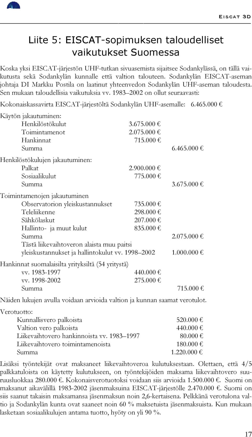 1983 2002 on ollut seuraavasti: Kokonaiskassavirta EISCAT-järjestöltä Sodankylän UHF-asemalle: 6.465.000 Käytön jakautuminen: Henkilöstökulut 3.675.000 Toimintamenot 2.075.000 Hankinnat 715.