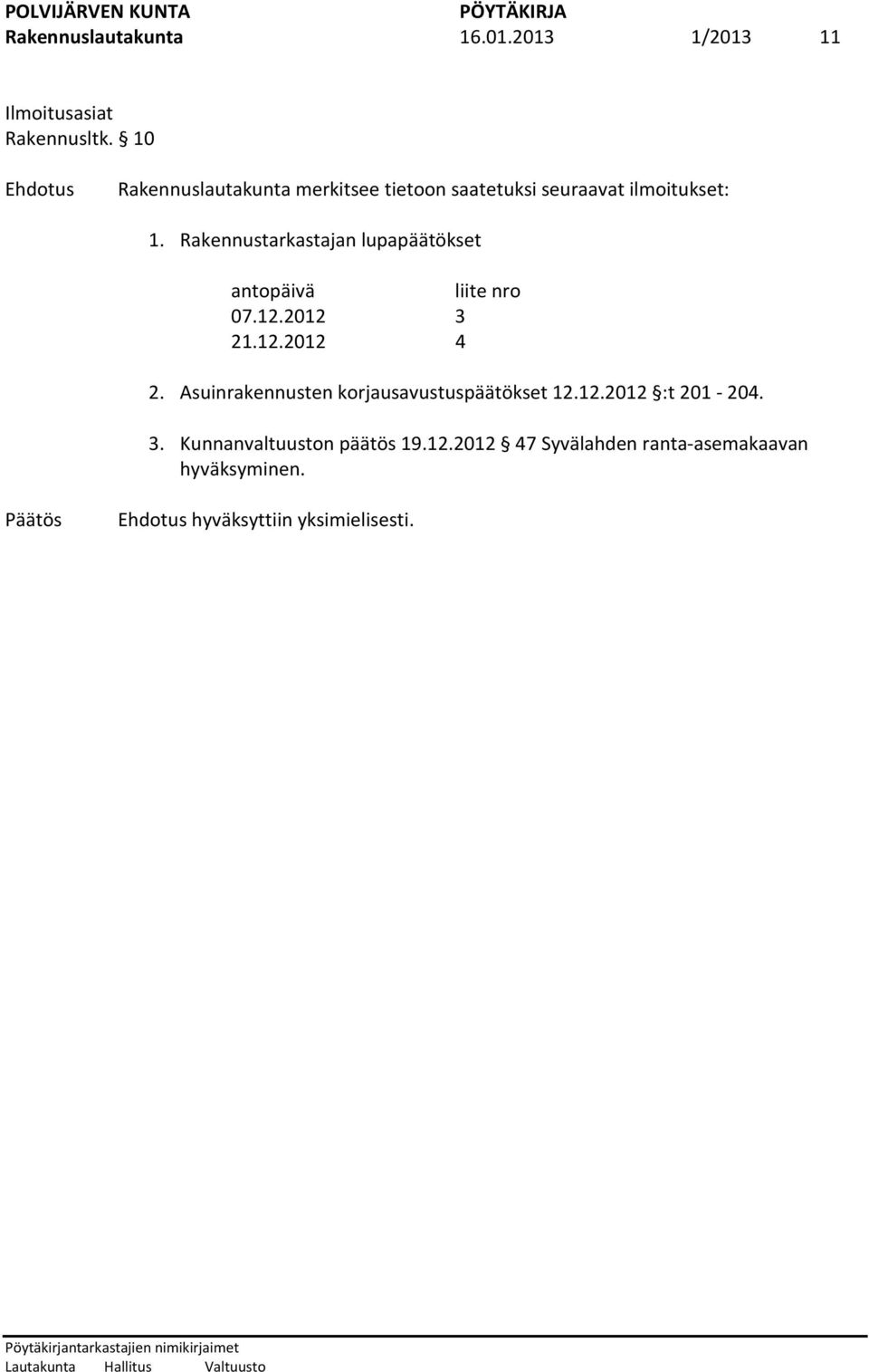 Rakennustarkastajan lupapäätökset antopäivä liite nro 07.12.2012 3 21.12.2012 4 2.