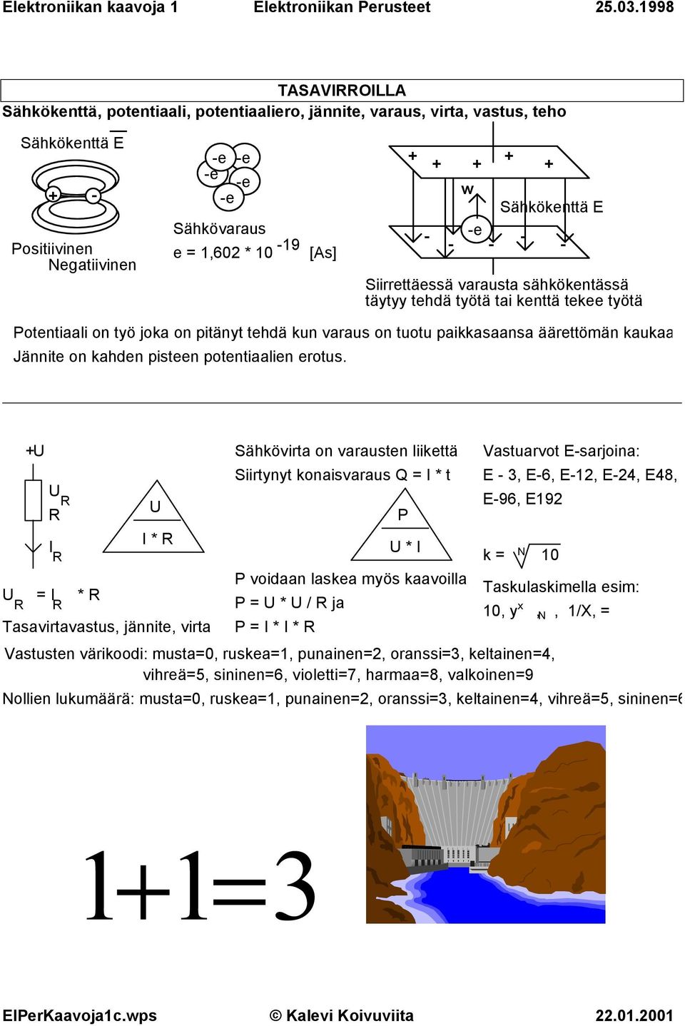 = * * Tasavirtavastus, jännite, virta Sähkövirta on varausten liikettä Siirtynyt konaisvaraus Q = * t P * P voidaan laskea myös kaavoilla P = * / ja P = * * Vastuarvot Esarjoina: E 3, E6, E2, E24,