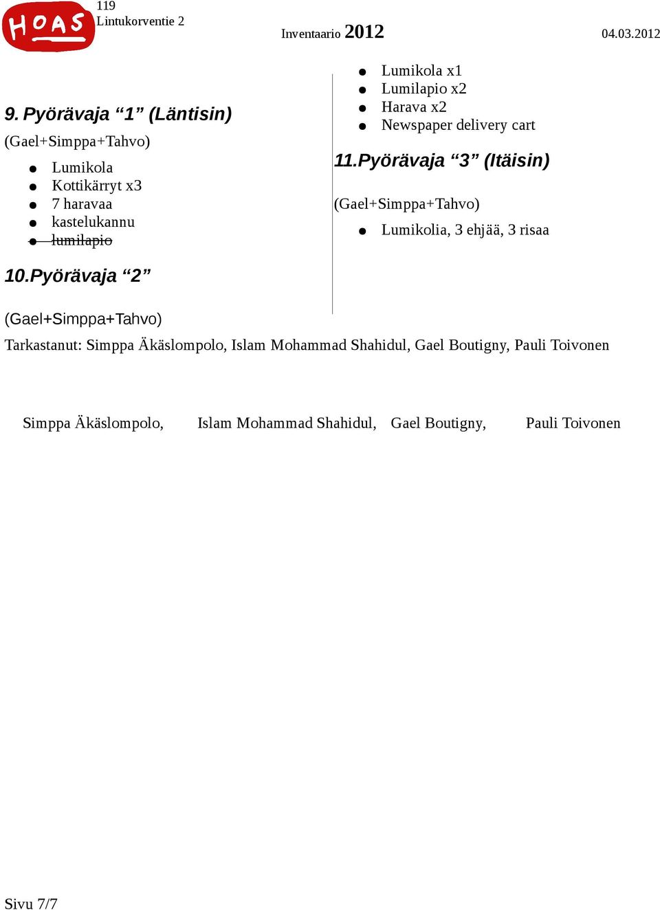 Pyörävaja 3 (Itäisin) Lumikolia, 3 ehjää, 3 risaa 10.