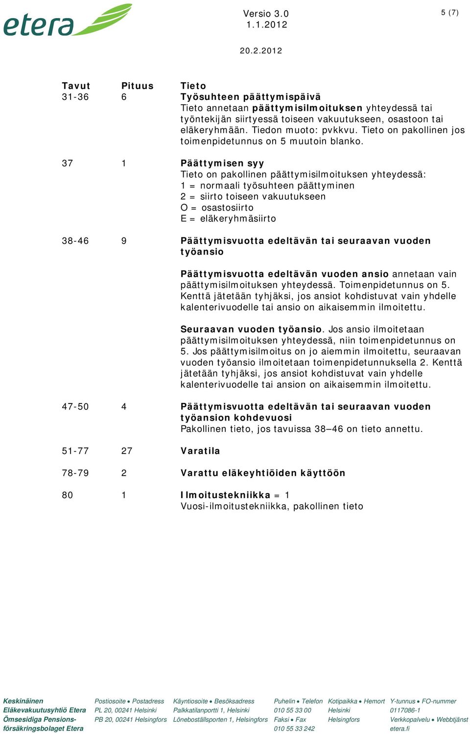 37 1 Päättymisen syy Tieto on pakollinen päättymisilmoituksen yhteydessä: 1 = normaali työsuhteen päättyminen 2 = siirto toiseen vakuutukseen O = osastosiirto E = eläkeryhmäsiirto 38-46 9