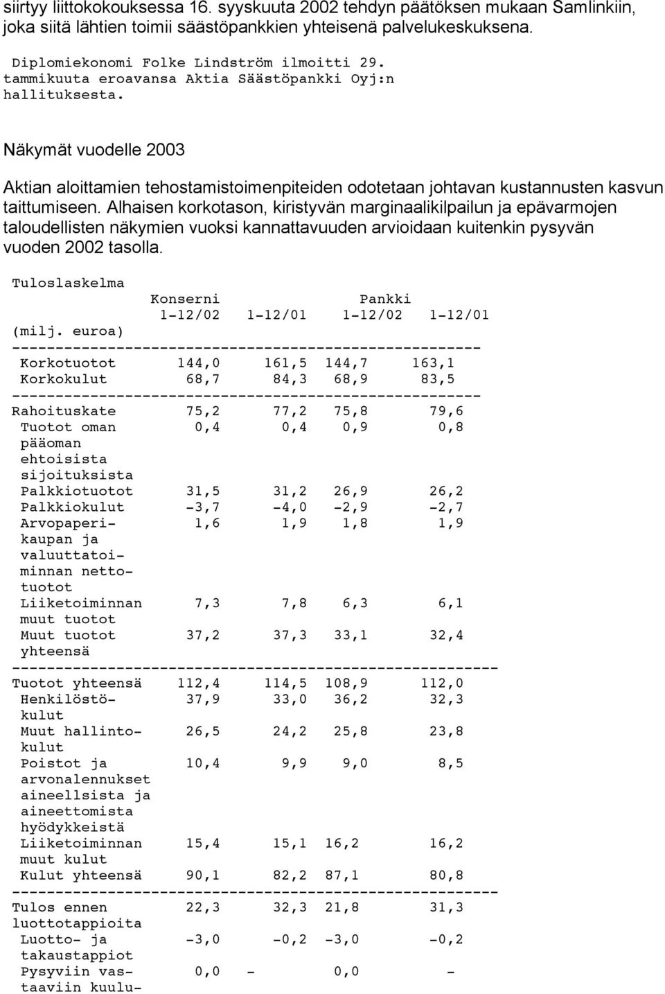 Alhaisen korkotason, kiristyvän marginaalikilpailun ja epävarmojen taloudellisten näkymien vuoksi kannattavuuden arvioidaan kuitenkin pysyvän vuoden 2002 tasolla.