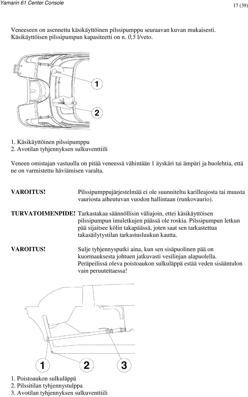 Pilssipumppujärjestelmää ei ole suunniteltu karilleajosta tai muusta vauriosta aiheutuvan vuodon hallintaan (runkovaurio). TURVATOIMENPIDE!