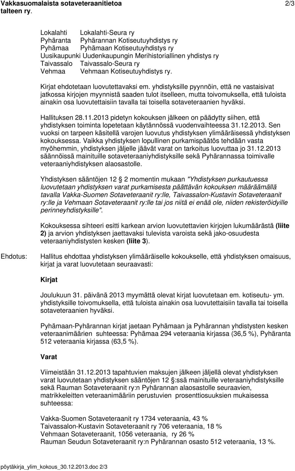 Vehmaa Vehmaan Kotiseutuyhdistys ry. Kirjat ehdotetaan luovutettavaksi em.