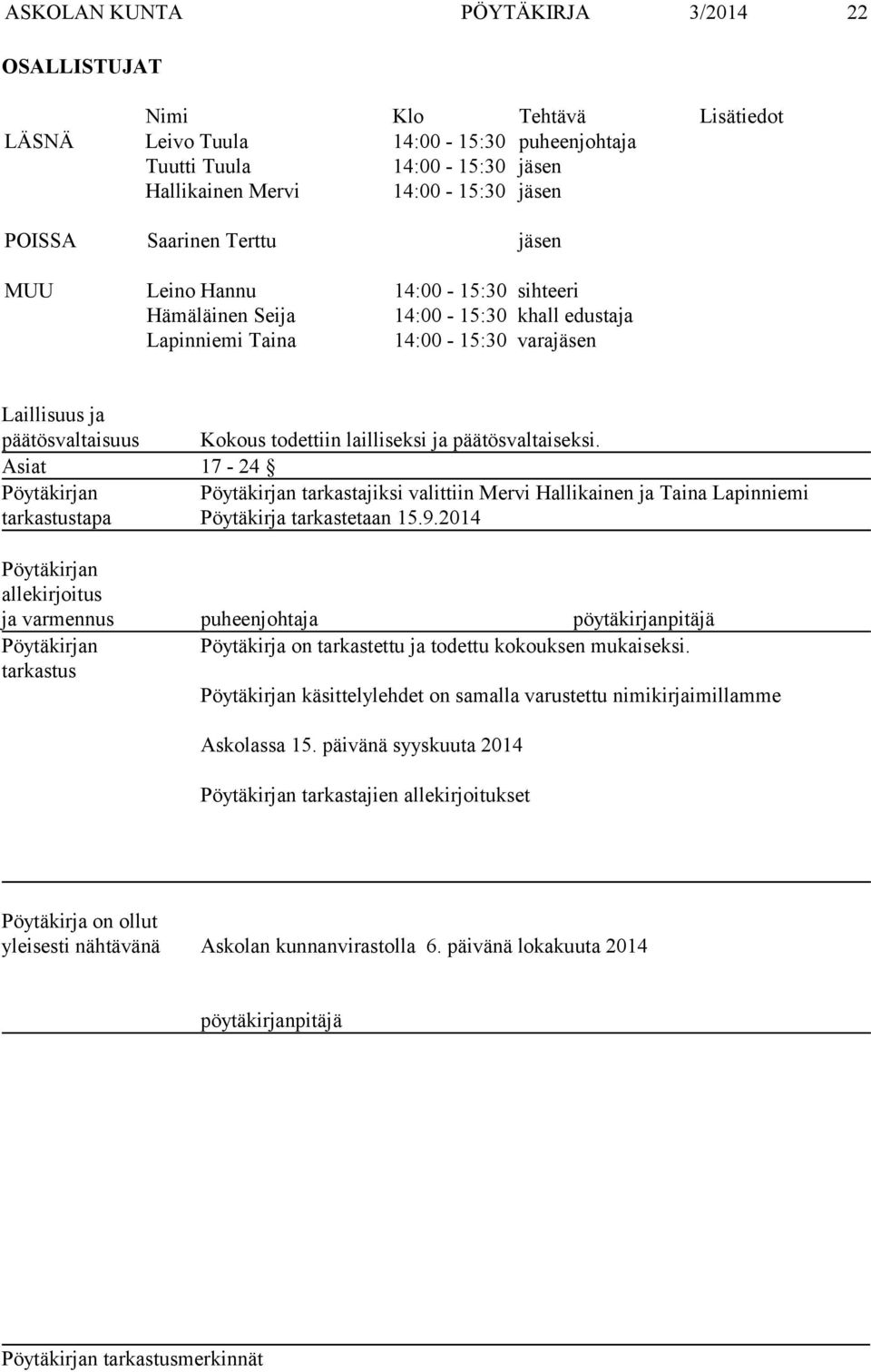 lailliseksi ja päätösvaltaiseksi. Asiat 17-24 Pöytäkirjan Pöytäkirjan tarkastajiksi valittiin Mervi Hallikainen ja Taina Lapinniemi tarkastustapa Pöytäkirja tarkastetaan 15.9.