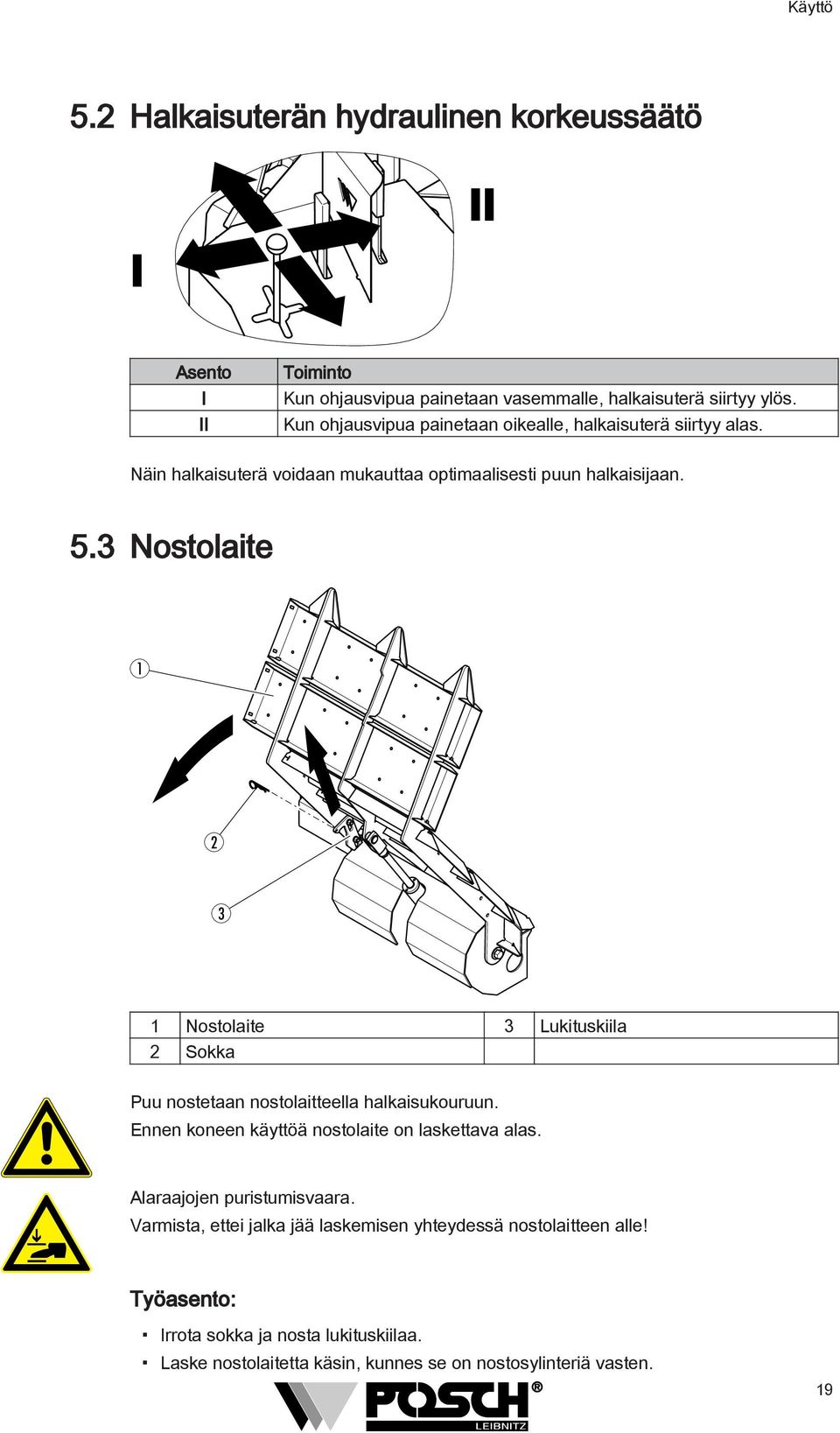 3 Nostolaite 1 2 3 1 Nostolaite 3 Lukituskiila 2 Sokka Puu nostetaan nostolaitteella halkaisukouruun. Ennen koneen käyttöä nostolaite on laskettava alas.