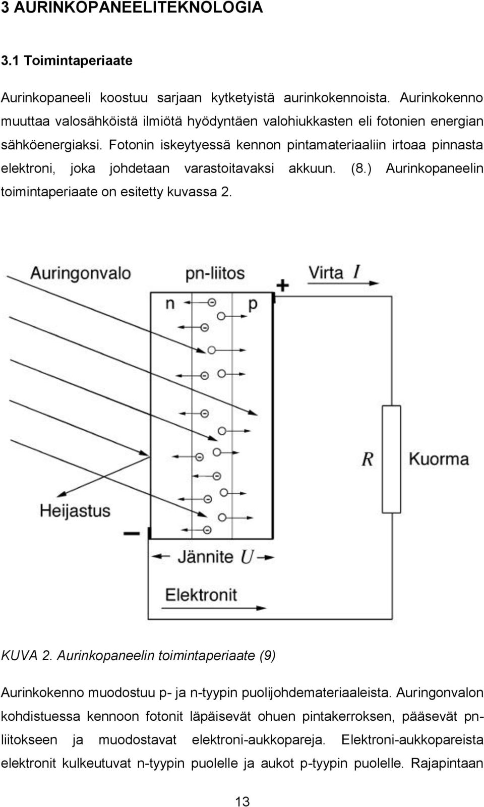 Fotonin iskeytyessä kennon pintamateriaaliin irtoaa pinnasta elektroni, joka johdetaan varastoitavaksi akkuun. (8.) Aurinkopaneelin toimintaperiaate on esitetty kuvassa 2. KUVA 2.