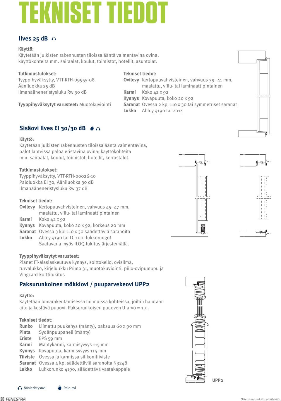 39 41 mm, maalattu, viilu- tai laminaattipintainen Karmi Koko 42 x 92 Kynnys Kovapuuta, koko 20 x 92 Saranat Ovessa 2 kpl 110 x 30 tai symmetriset saranat Lukko Abloy 4190 tai 2014 Sisäovi Ilves EI