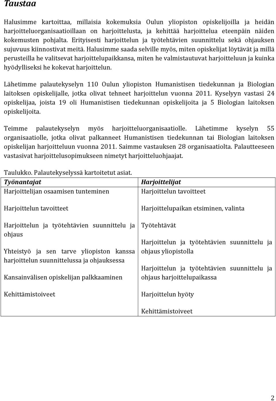 Halusimme saada selville myös, miten opiskelijat löytävät ja millä perusteilla he valitsevat harjoittelupaikkansa, miten he valmistautuvat harjoitteluun ja kuinka hyödylliseksi he kokevat