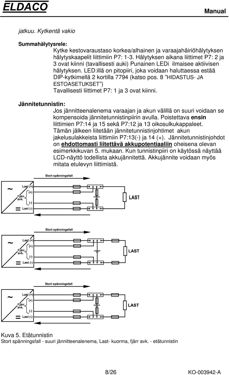 LED:illä on pitopiiri, joka voidaan haluttaessa estää DIP-kytkimellä 2 kortilla 7794 (katso pos. 8 HIDASTUS- JA ESTOASETUKSET ) Tavallisesti liittimet P7: 1 ja 3 ovat kiinni.