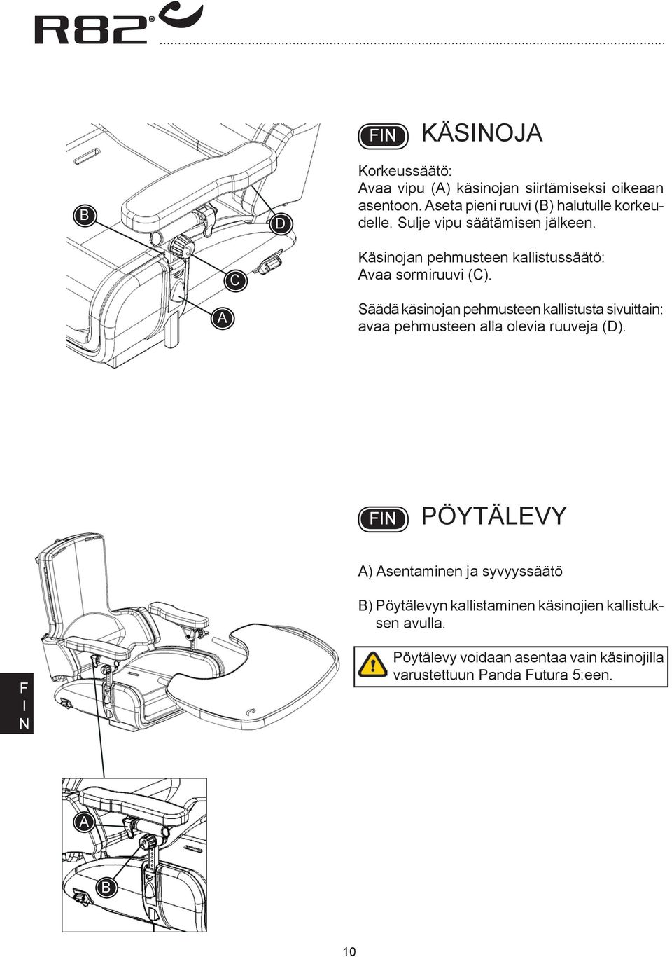 Säädä käsinojan pehmusteen kallistusta sivuittain: avaa pehmusteen alla olevia ruuveja (D).