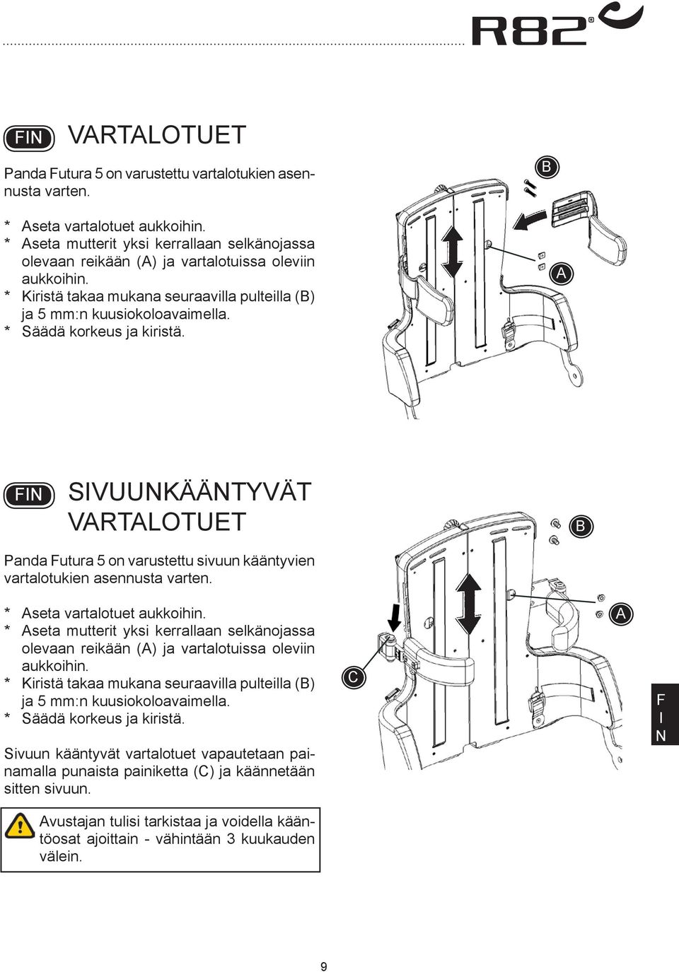 SVUUKÄÄTYVÄT VRTLOTUET Panda utura 5 on varustettu sivuun kääntyvien vartalotukien asennusta varten. * seta vartalotuet aukkoihin.