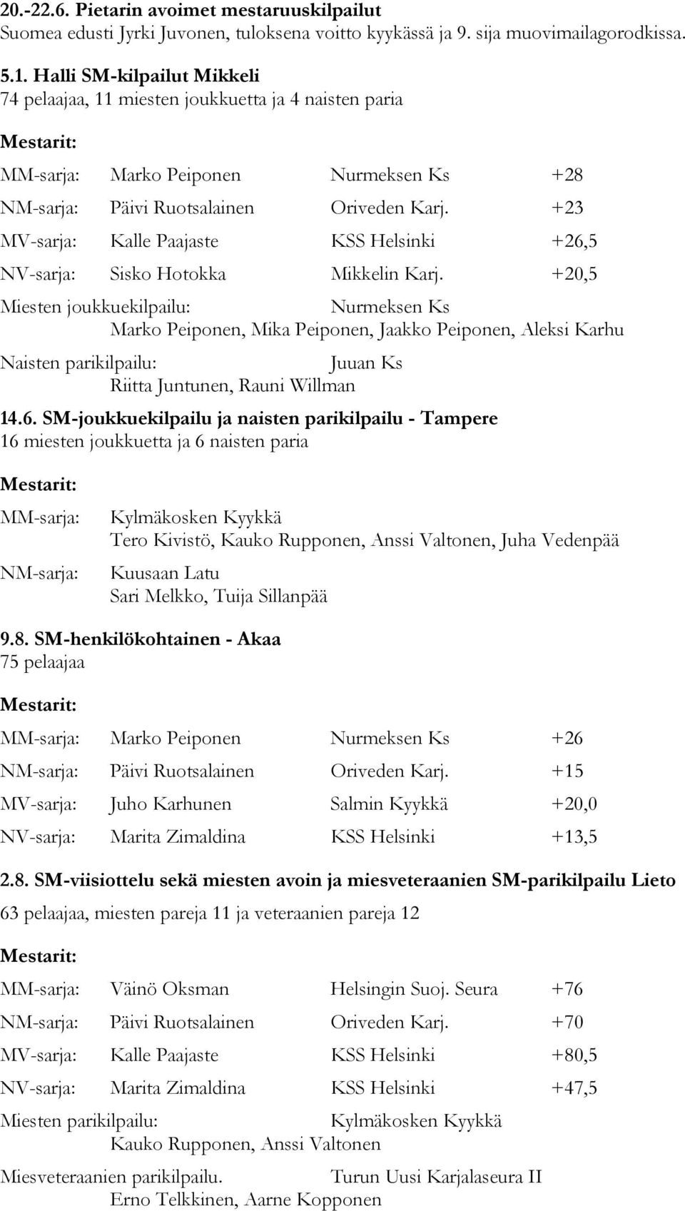 +23 MV-sarja: Kalle Paajaste KSS Helsinki +26,5 NV-sarja: Sisko Hotokka Mikkelin Karj.