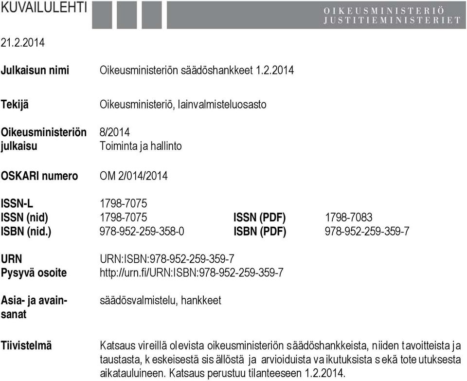 ) 978-952-259-358-0 ISBN (PDF) 978-952-259-359-7 URN Pysyvä osoite Asia- ja avainsanat Tiivistelmä URN:ISBN:978-952-259-359-7 http://urn.
