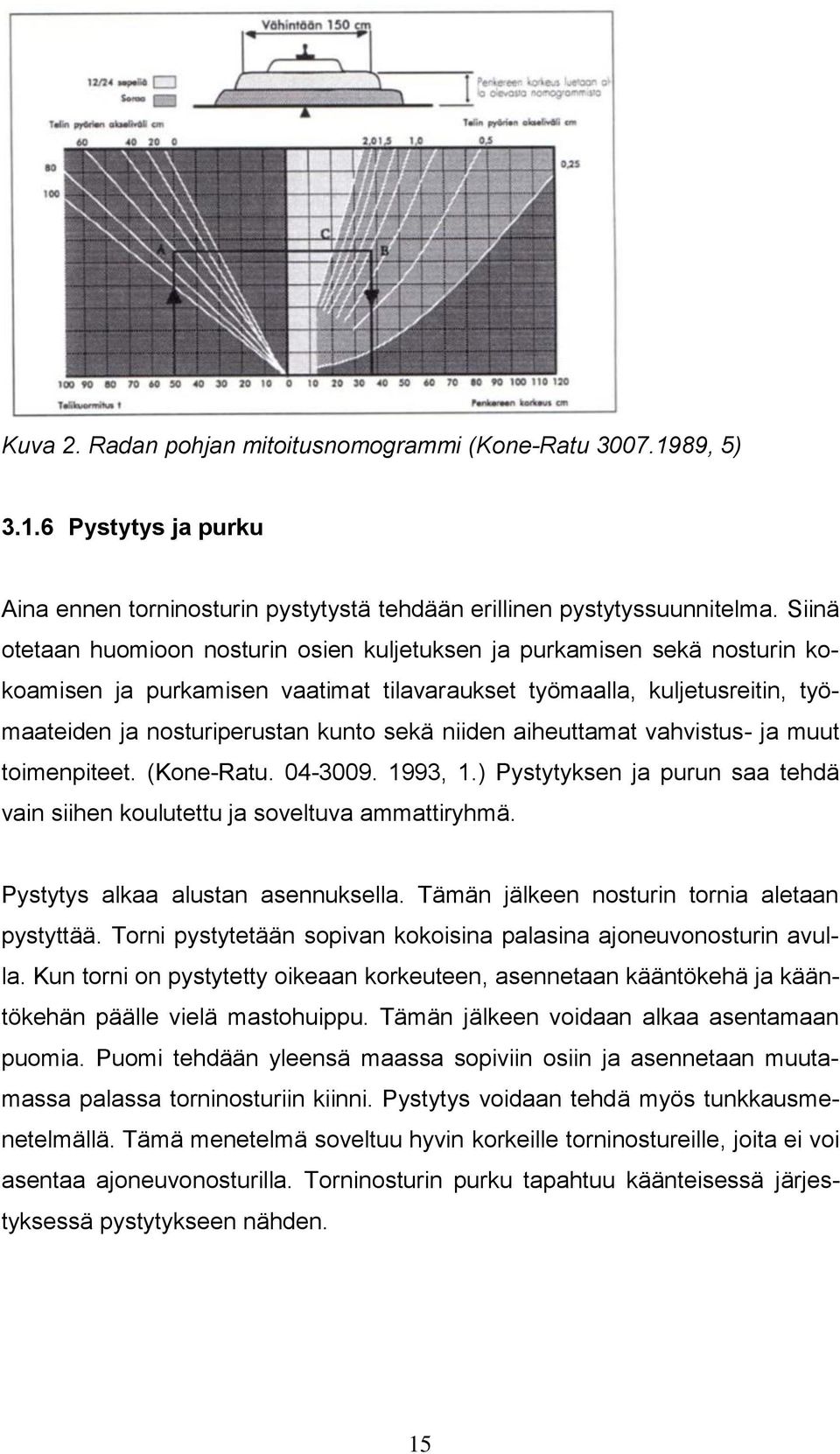 niiden aiheuttamat vahvistus- ja muut toimenpiteet. (Kone-Ratu. 04-3009. 1993, 1.) Pystytyksen ja purun saa tehdä vain siihen koulutettu ja soveltuva ammattiryhmä. Pystytys alkaa alustan asennuksella.