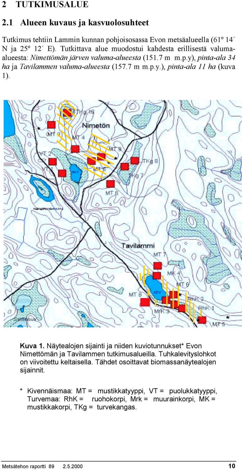 Kuva 1. Näytealojen sijainti ja niiden kuviotunnukset* Evon Nimettömän ja Tavilammen tutkimusalueilla. Tuhkalevityslohkot on viivoitettu keltaisella.