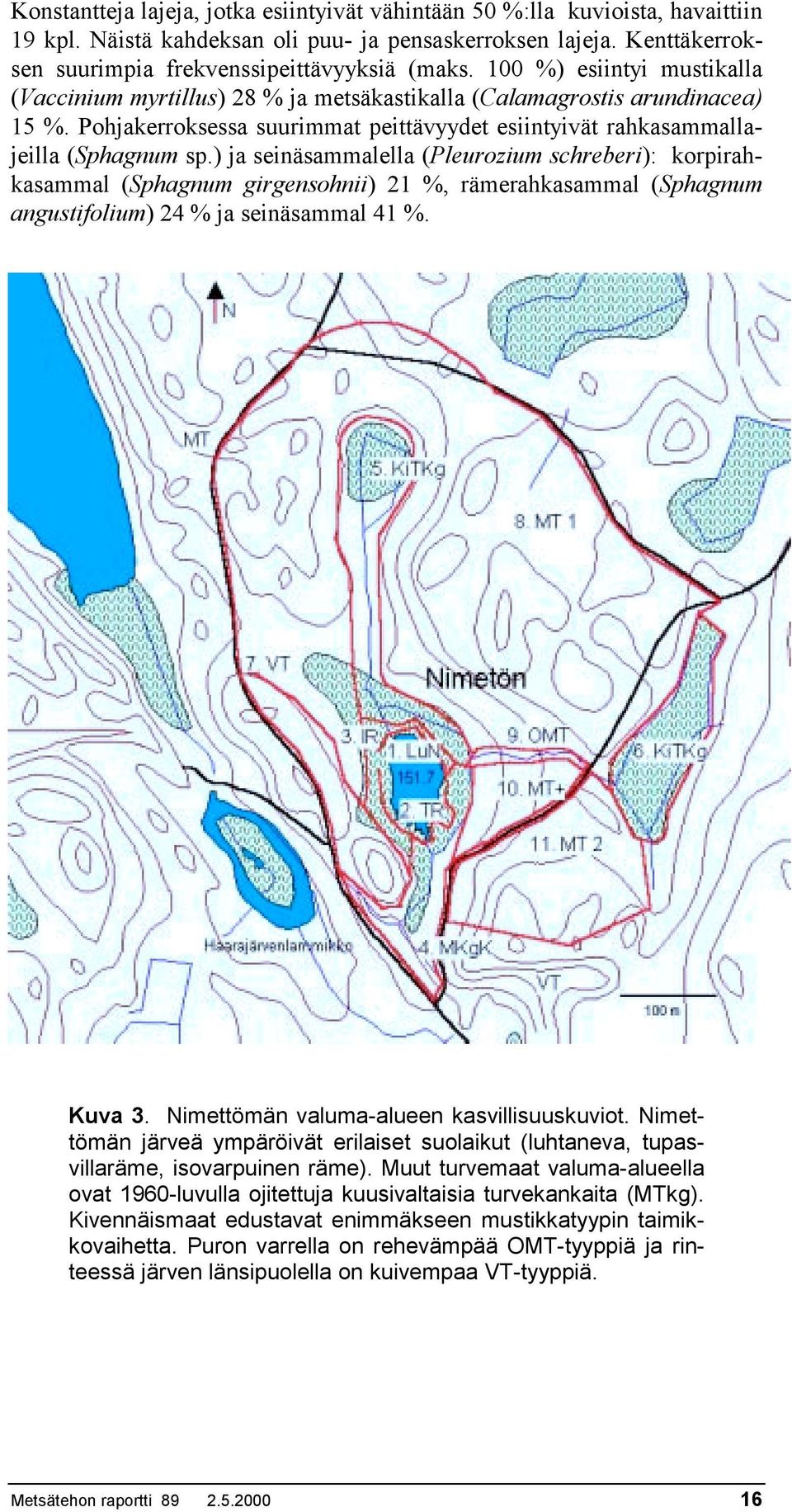 ) ja seinäsammalella (Pleurozium schreberi): korpirahkasammal (Sphagnum girgensohnii) 21 %, rämerahkasammal (Sphagnum angustifolium) 24 % ja seinäsammal 41 %. Kuva 3.