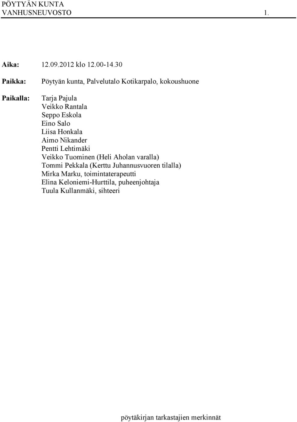 Eskola Eino Salo Liisa Honkala Aimo Nikander Pentti Lehtimäki Veikko Tuominen (Heli Aholan varalla) Tommi