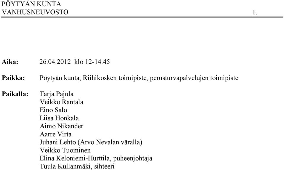 toimipiste Tarja Pajula Veikko Rantala Eino Salo Liisa Honkala Aimo Nikander Aarre
