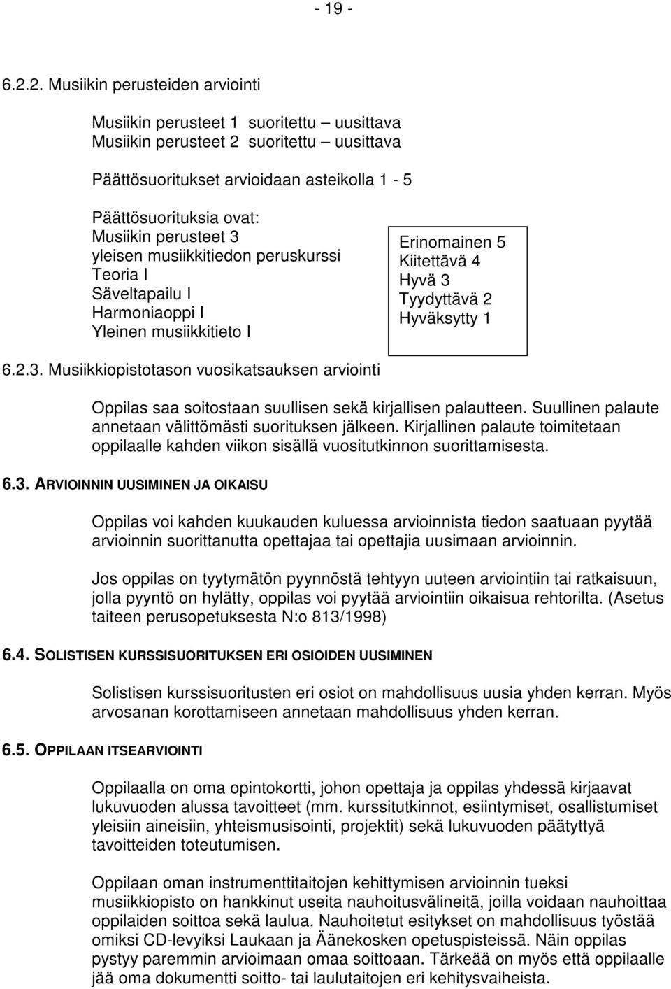 perusteet 3 yleisen musiikkitiedon peruskurssi Teoria I Säveltapailu I Harmoniaoppi I Yleinen musiikkitieto I Erinomainen 5 Kiitettävä 4 Hyvä 3 Tyydyttävä 2 Hyväksytty 1 6.2.3. Musiikkiopistotason vuosikatsauksen arviointi Oppilas saa soitostaan suullisen sekä kirjallisen palautteen.