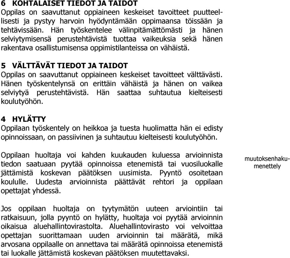 5 VÄLTTÄVÄT TIEDOT JA TAIDOT Oppilas on saavuttanut oppiaineen keskeiset tavoitteet välttävästi. Hänen työskentelynsä on erittäin vähäistä ja hänen on vaikea selviytyä perustehtävistä.