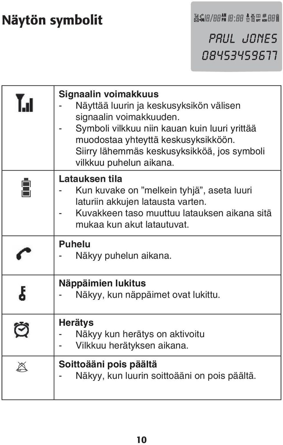 latausta varten - Kuvakkeen taso muuttuu latauksen aikana sitä mukaa kun akut latautuvat Puhelu - Näkyy puhelun aikana Näppäimien lukitus - Näkyy, kun näppäimet ovat