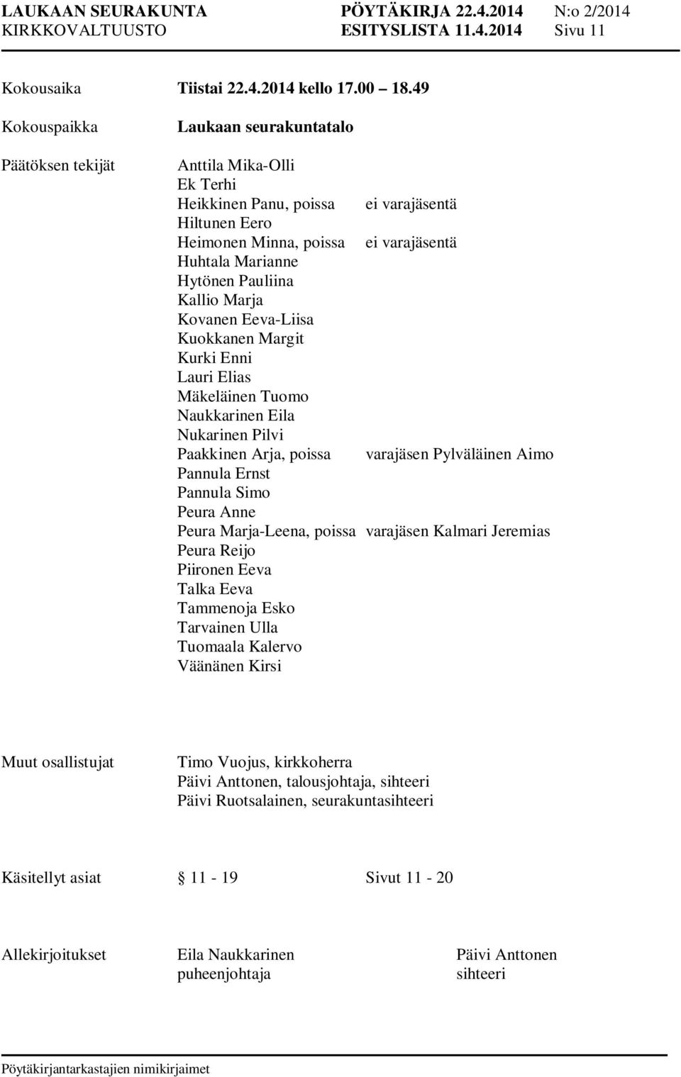 Pauliina Kallio Marja Kovanen Eeva-Liisa Kuokkanen Margit Kurki Enni Lauri Elias Mäkeläinen Tuomo Naukkarinen Eila Nukarinen Pilvi Paakkinen Arja, poissa varajäsen Pylväläinen Aimo Pannula Ernst