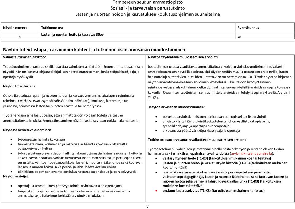 Näytön toteutustapa Opiskelija osoittaa lapsen ja nuoren hoidon ja kasvatuksen ammattitaitonsa toimimalla toimimalla varhaiskasvatusympäristössä (esim.