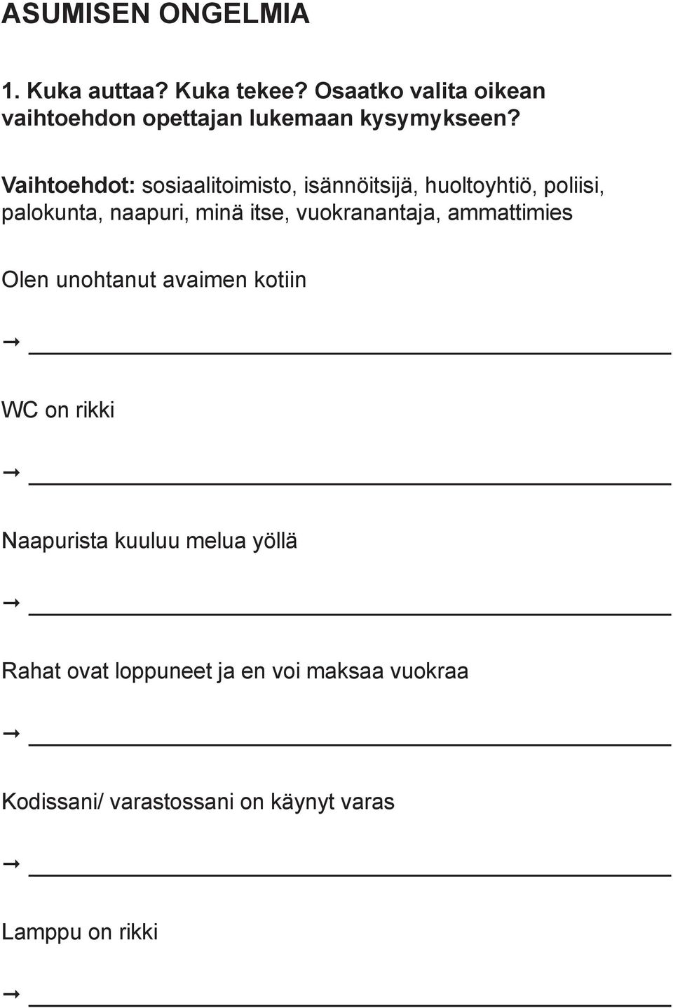 Vaihtoehdot: sosiaalitoimisto, isännöitsijä, huoltoyhtiö, poliisi, palokunta, naapuri, minä itse,