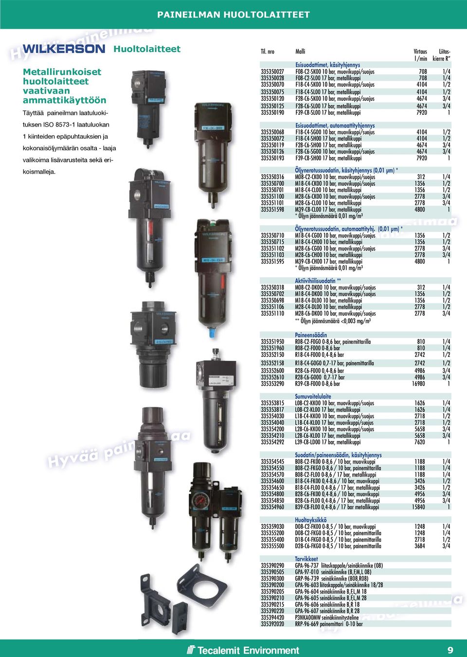 nro Malli Virtaus l /min Liitoskierre R Esisuodattimet, käsityhjennys 335350027 F08-C2-SK00 10 bar, muovikuppi/suojus 708 1/4 335350028 F08-C2-SL00 17 bar, metallikuppi 708 1/4 335350070 F18-C4-SK00