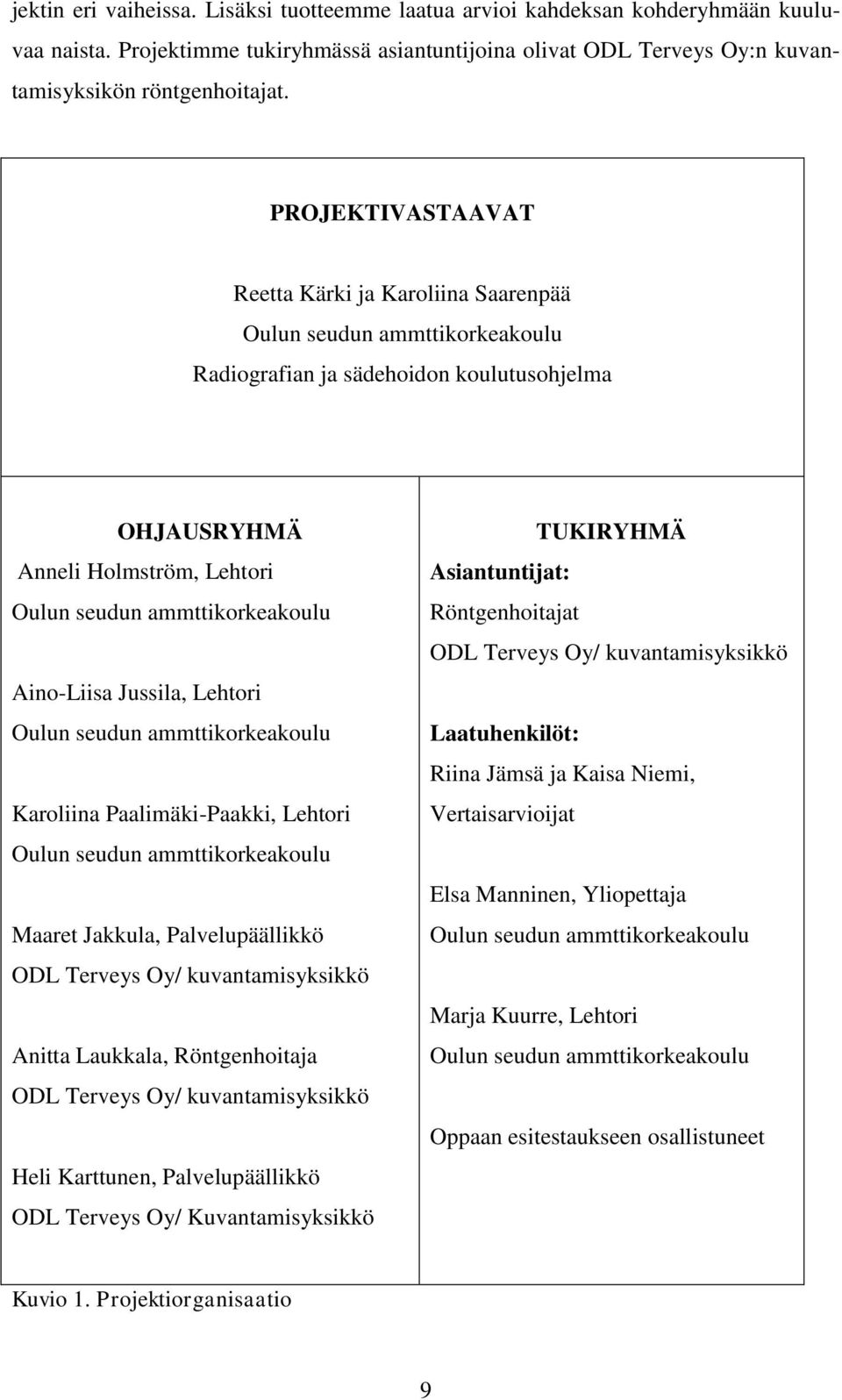 Aino-Liisa Jussila, Lehtori Oulun seudun ammttikorkeakoulu Karoliina Paalimäki-Paakki, Lehtori Oulun seudun ammttikorkeakoulu Maaret Jakkula, Palvelupäällikkö ODL Terveys Oy/ kuvantamisyksikkö Anitta