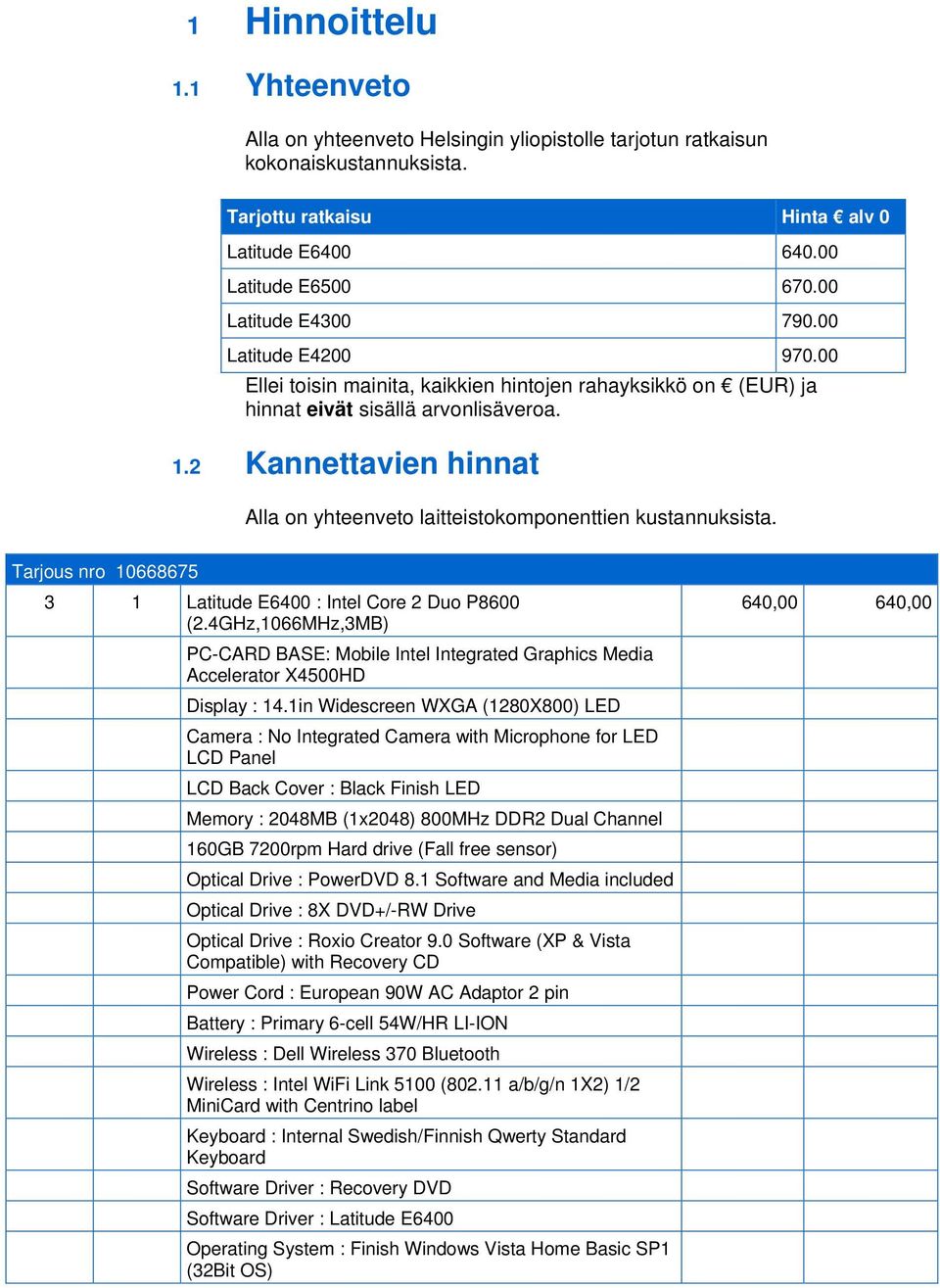 2 Kannettavien hinnat Alla on yhteenveto laitteistokomponenttien kustannuksista. Tarjous nro 10668675 3 1 Latitude E6400 : Intel Core 2 Duo P8600 (2.